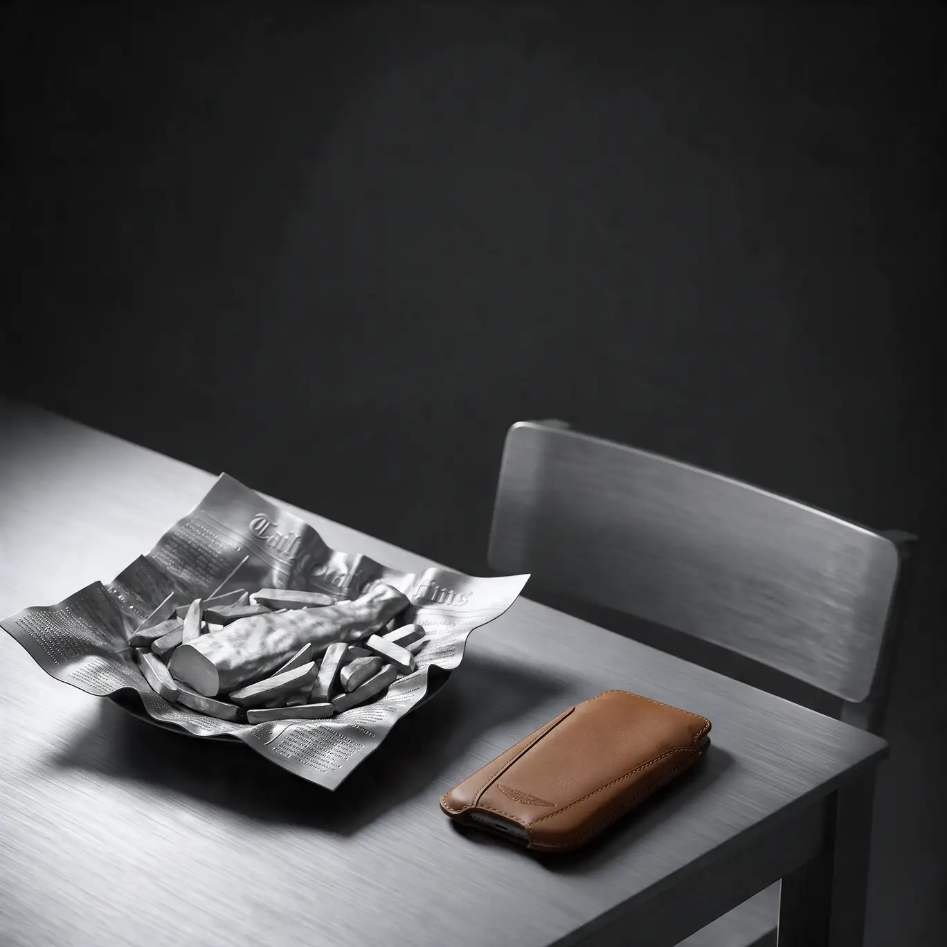 Silver sculpted fish and chips in newspaper on a steel table, next to a tan leather phone sleeve
