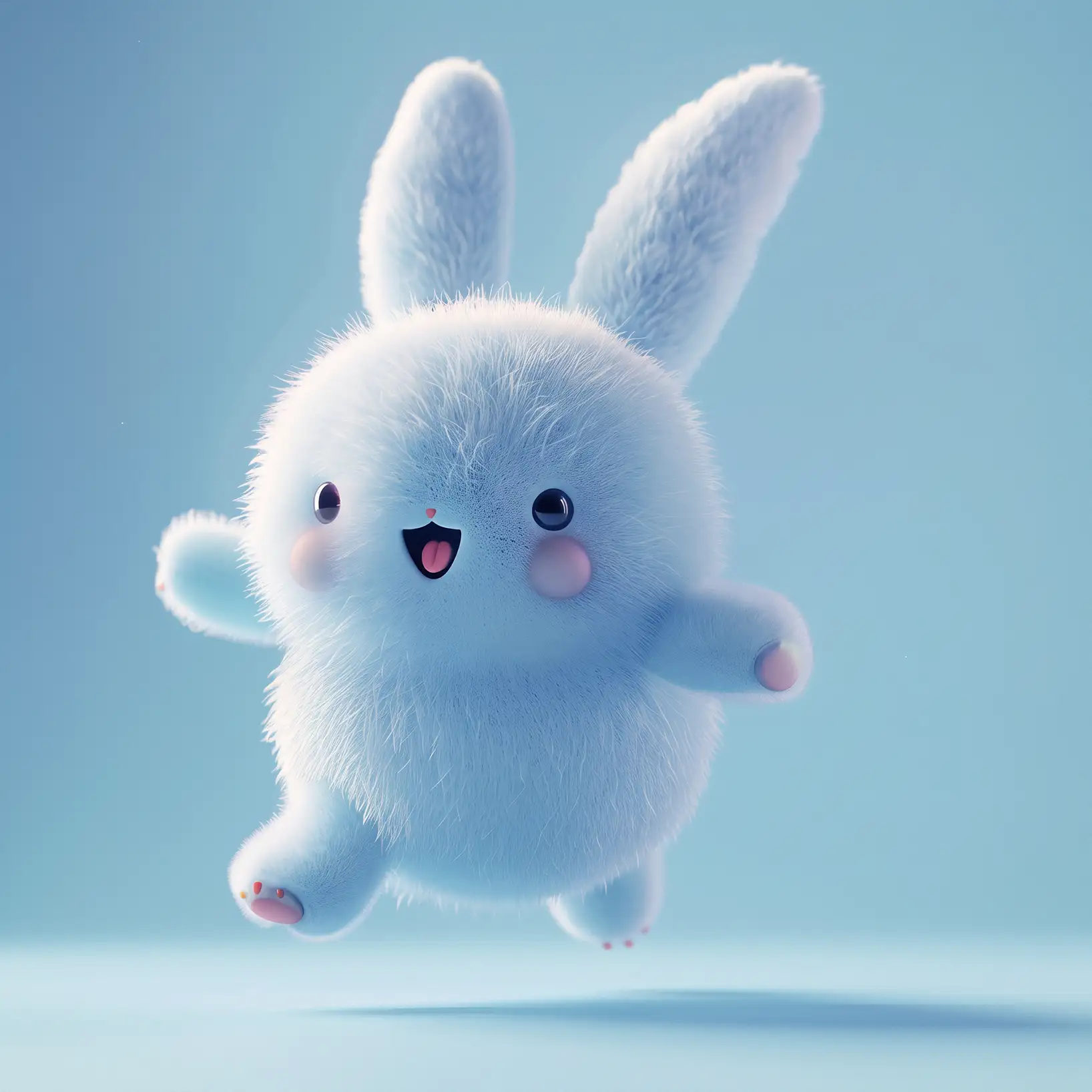 A fluffy pale blue bunny leaping across a blue background