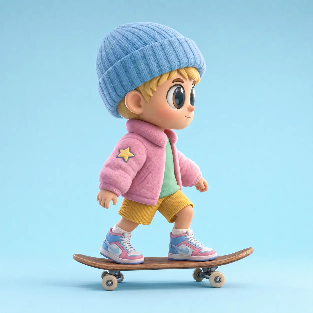 A cartoon boy in a beanie and a pink jacket riding a skateboard